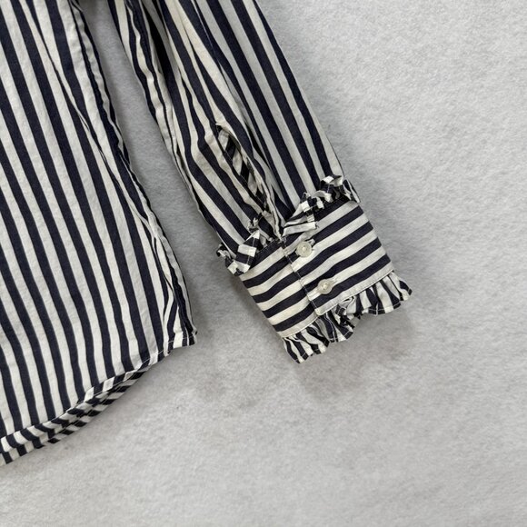 J Crew Shirt Womens Small Navy White Stripe Ruffle Trim Band Collar Long Sleeve - Picture 8 of 9